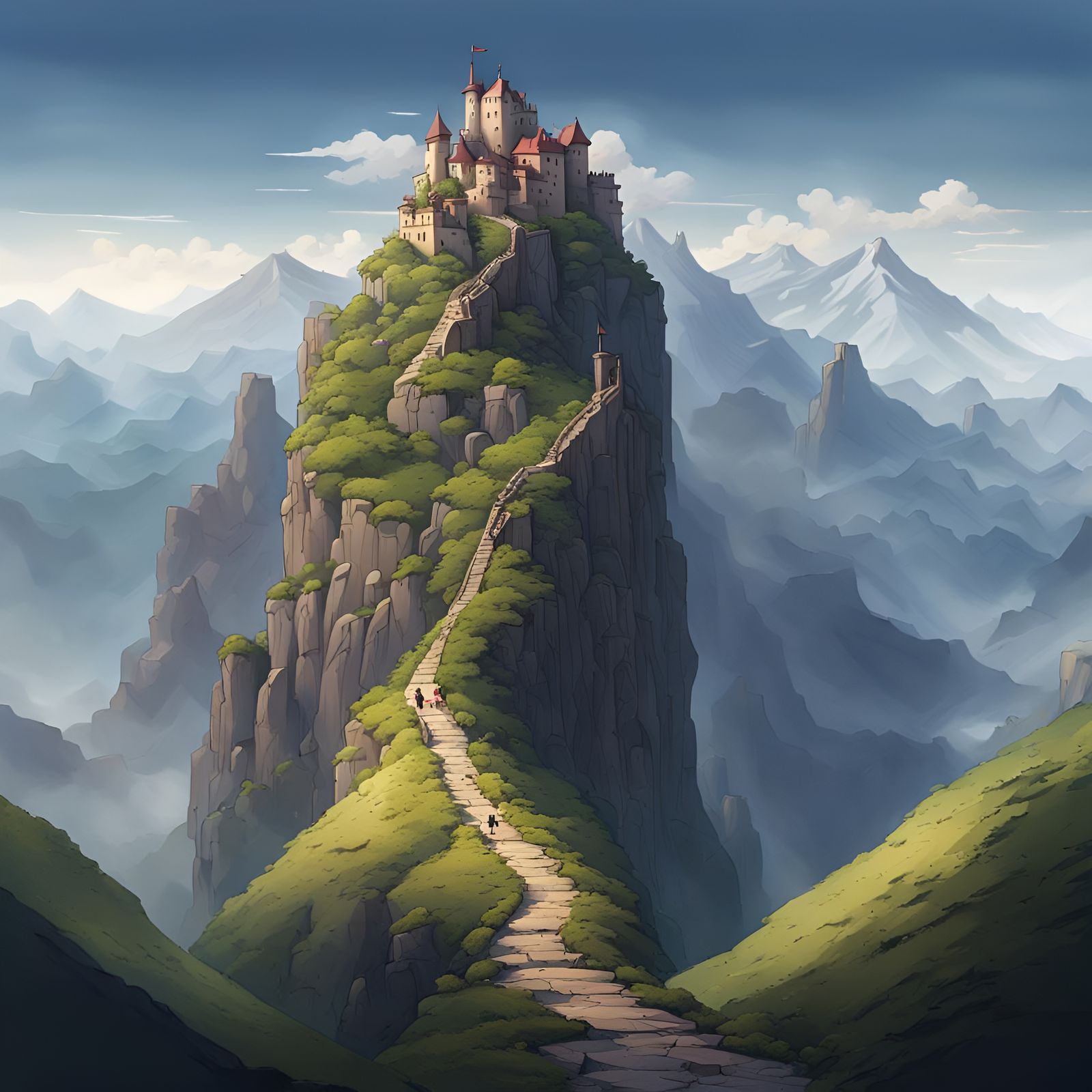 Majestic Castle Perched on Mountain Peak Overlooking Crystal...