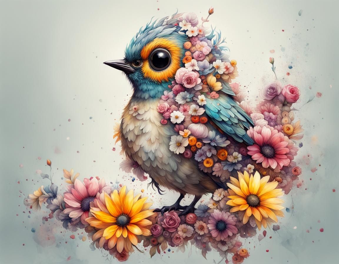 Floral Bird with Large Eyes in Fantasycore Style