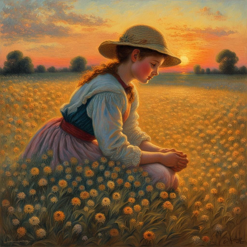 Girl in Field: Pointillist Pastel Neo-Impressionism
