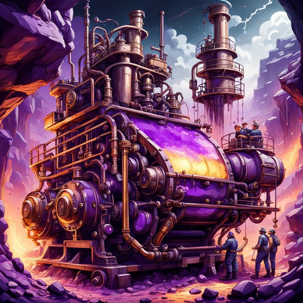 Steampunk Miners Extracting Purple Liquid
