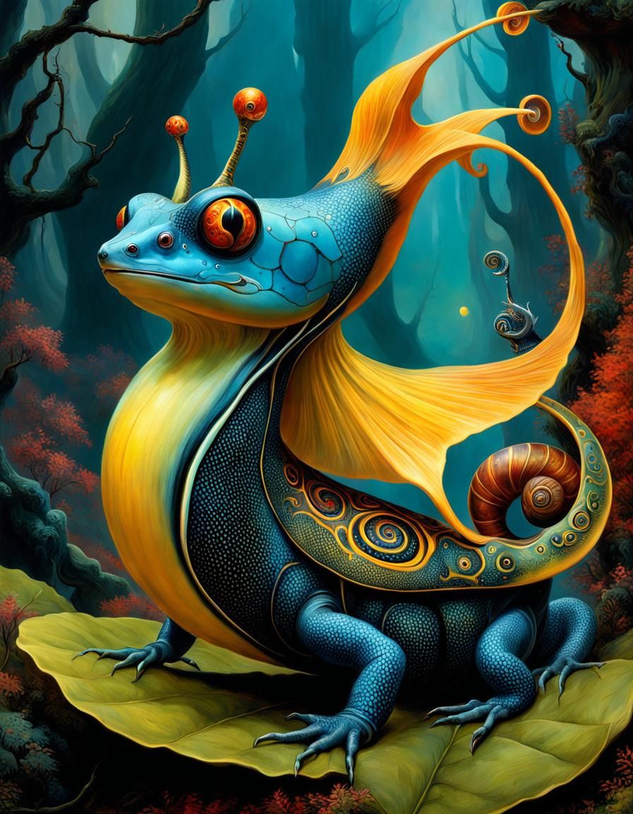 Surreal Salamander Snail Hybrid in Fantastical Style