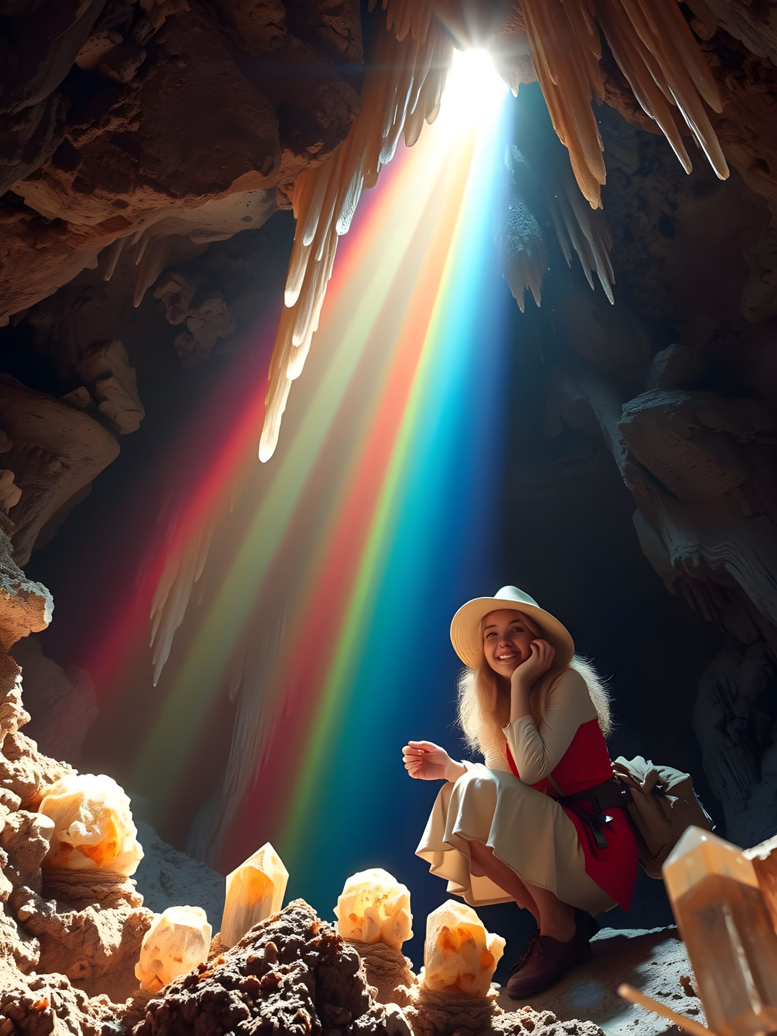 Victorian Explorer in a Luminescent Crystal Cavern