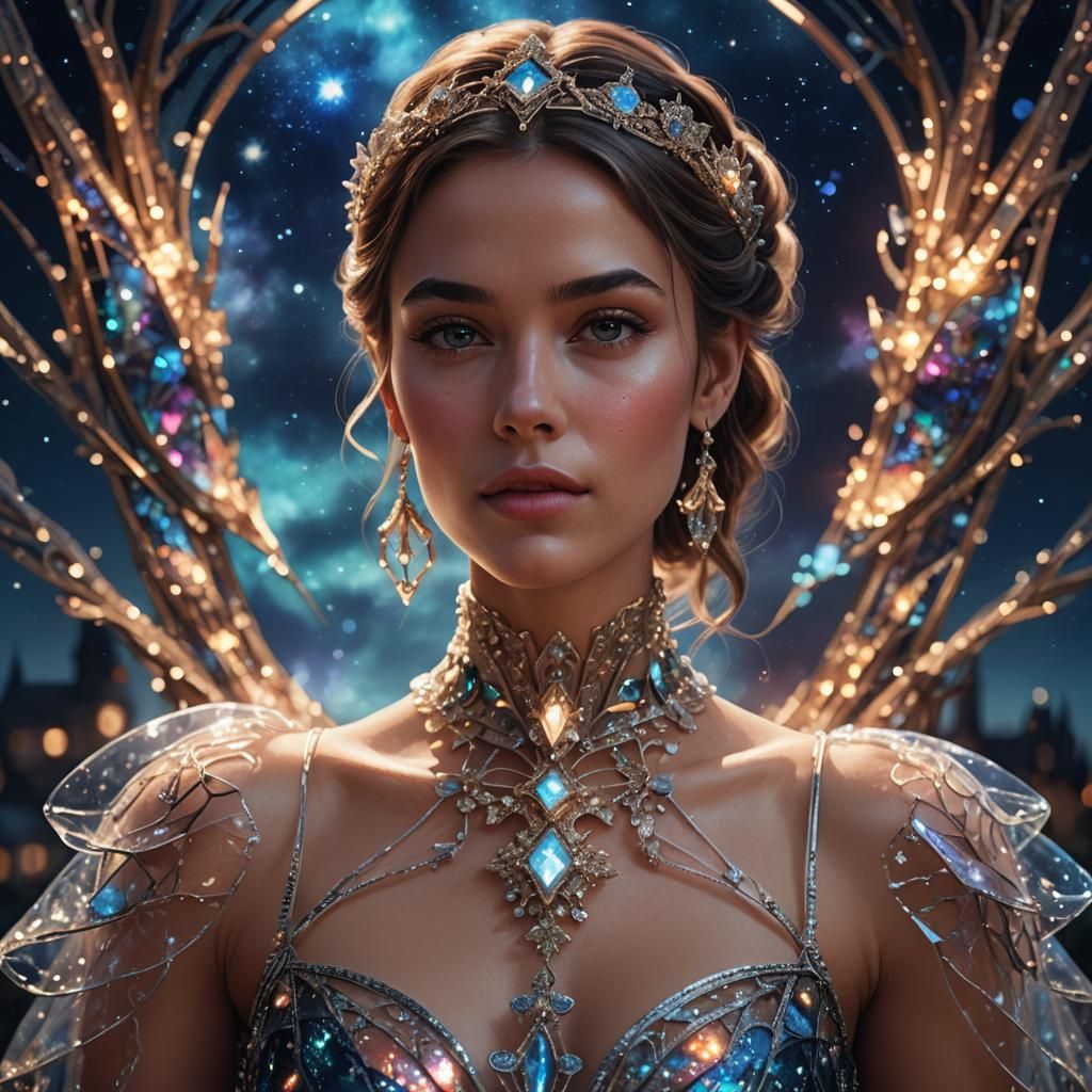 Woman in Glass Dress Against Night Sky: Digital Art