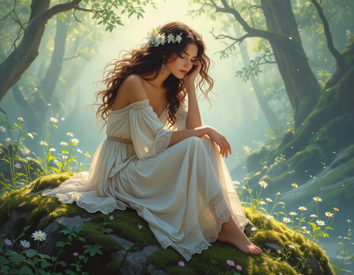 Ethereal Bohemian Woman in Misty Forest