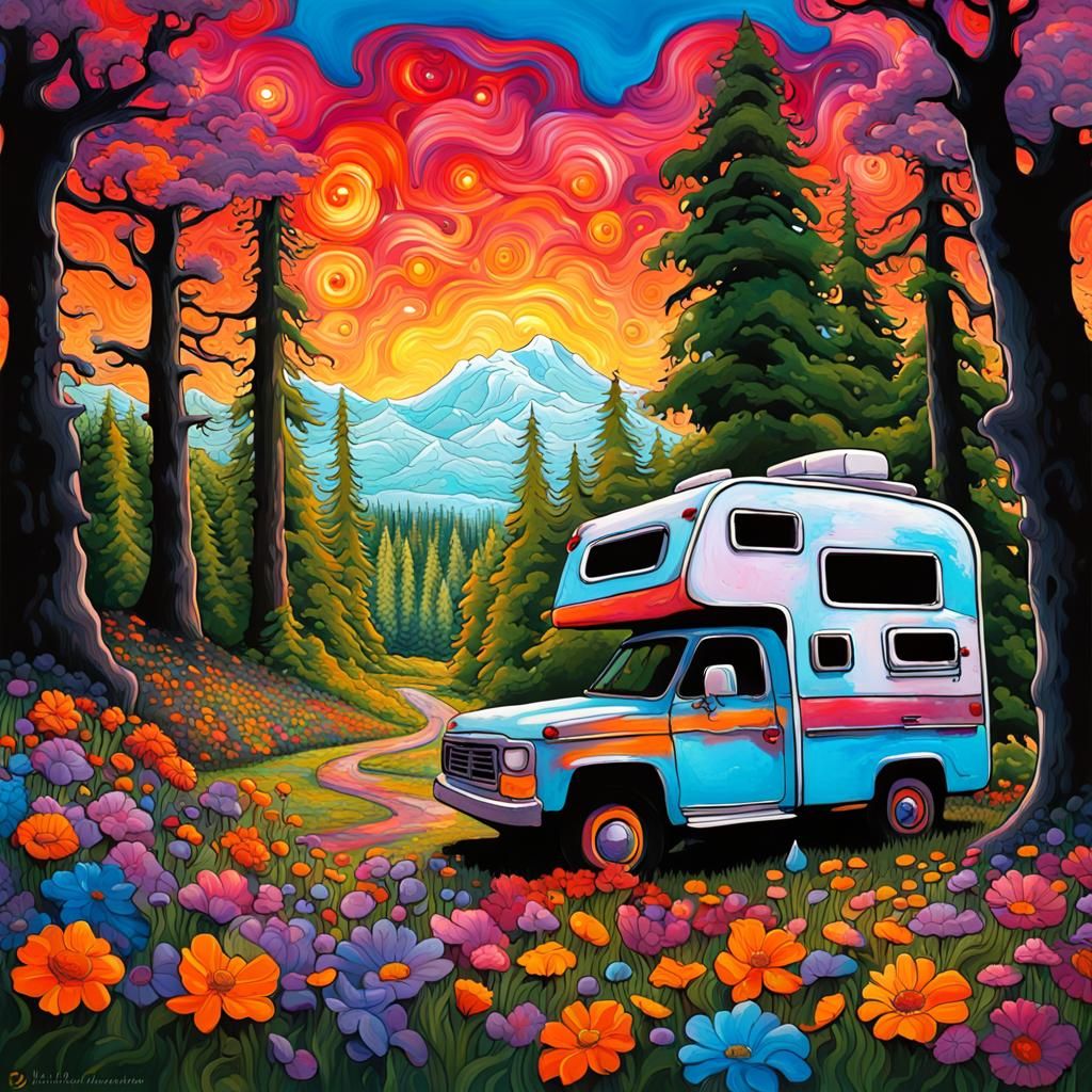 Floral Camper Truck: Art Nouveau Camping Scene