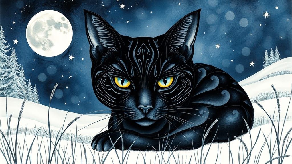 Intricate Black Cat in Surreal Winter Landscape