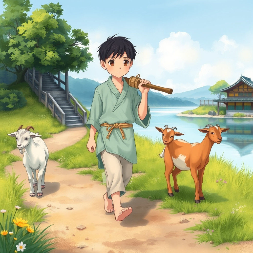 Anime Boy with Goats by Riverside