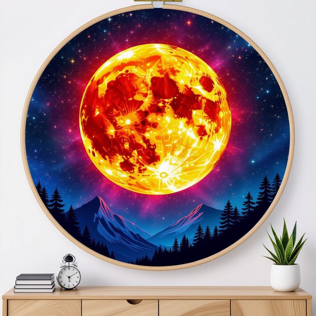 Surreal Embroidered Moon Radiates Cosmic Tapestry