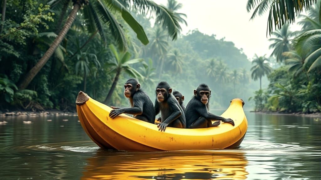 Monkeys Ride a Giant Banana Boat Down Jungle River
