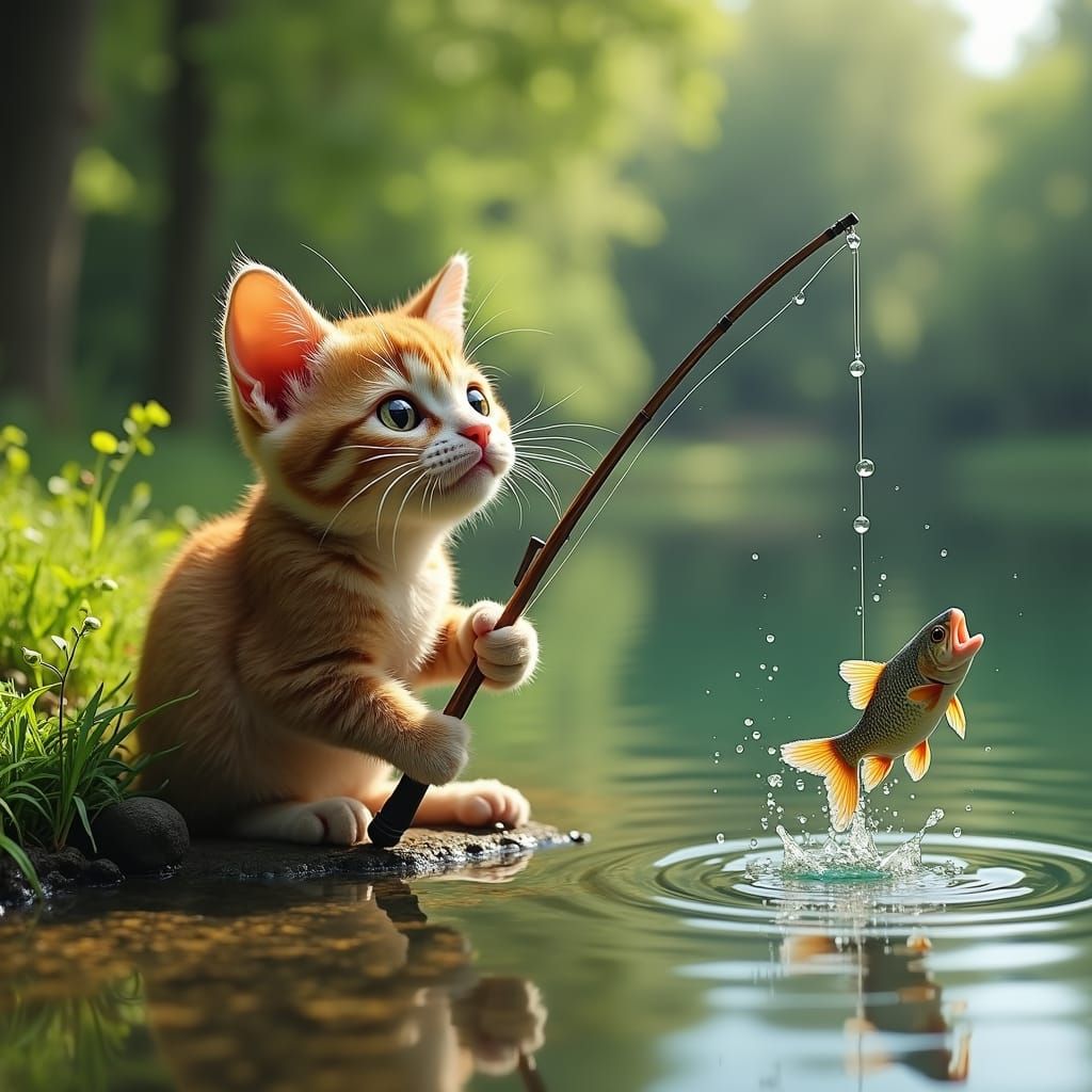 Whimsical Cat Fishing by a Pond