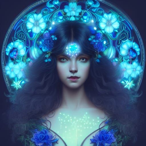 Bioluminescent Neon Goddess with Crystals and Flowers
