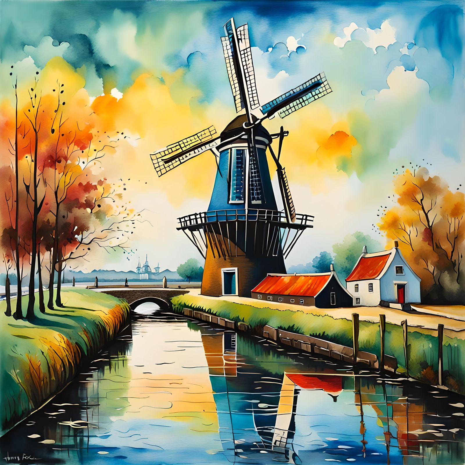 Dutch Windmill Landscape: Traditional Watercolor Painting