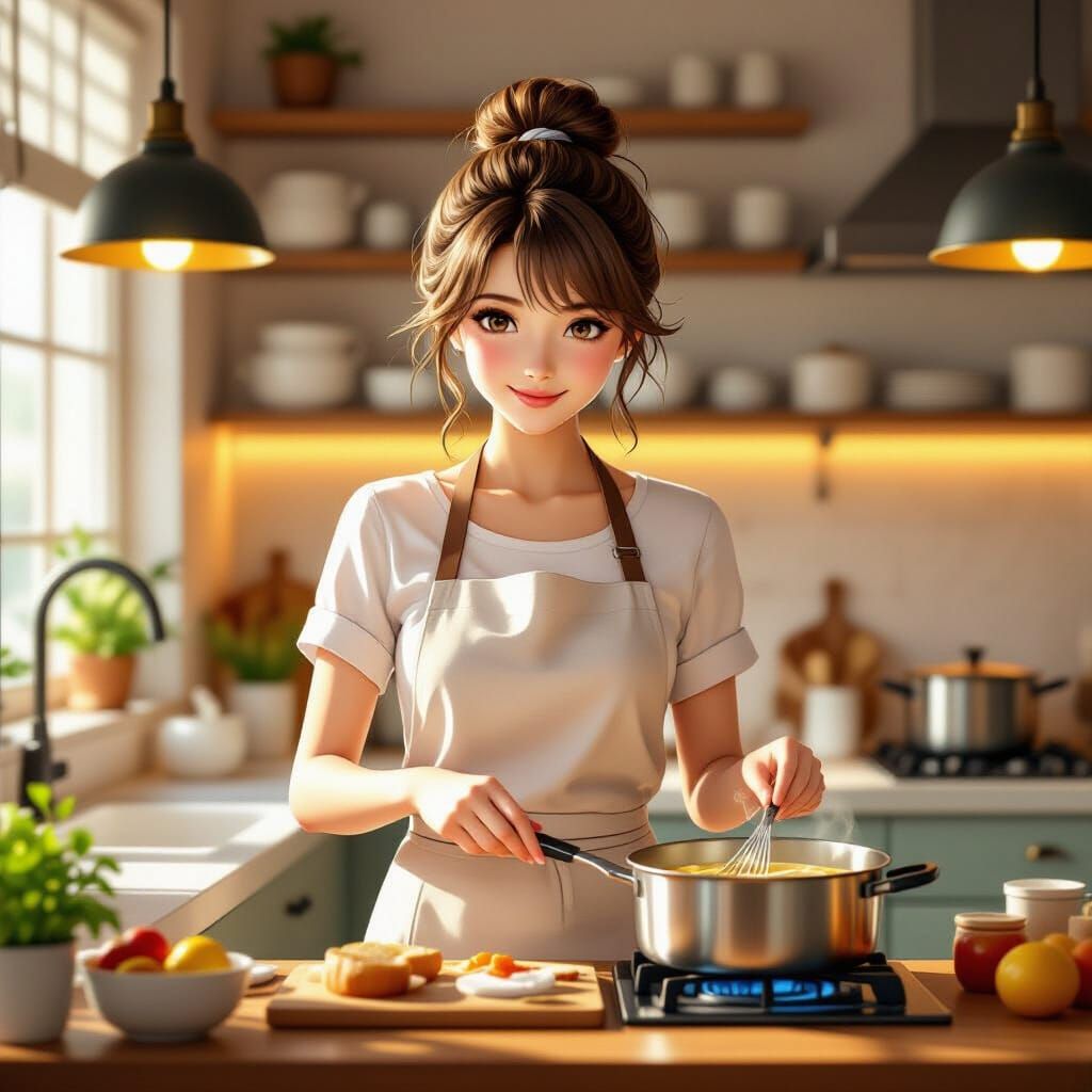 Seiren Cooks in a Serene Kitchen with Warm Lighting