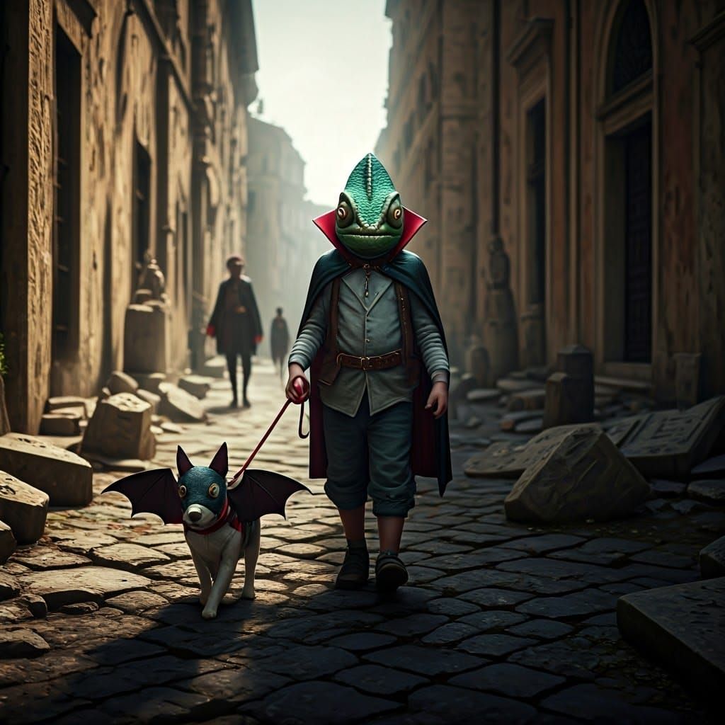 Masked Child Walks Bat-Dog in Moody 3D Render