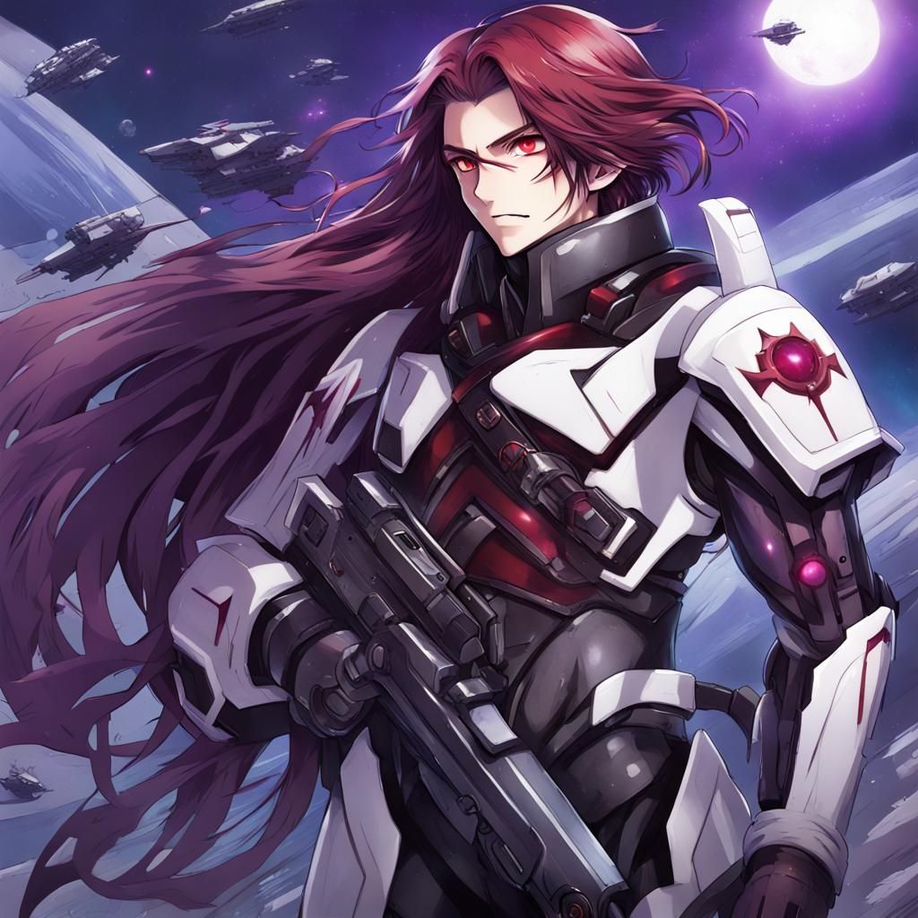Man, 21, red eyes, purple white long hair, black and purple space armor, Smuggler's privateer infantry, die where you st...
