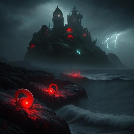 Dramatic Demon Abduction on Stormy Seashore