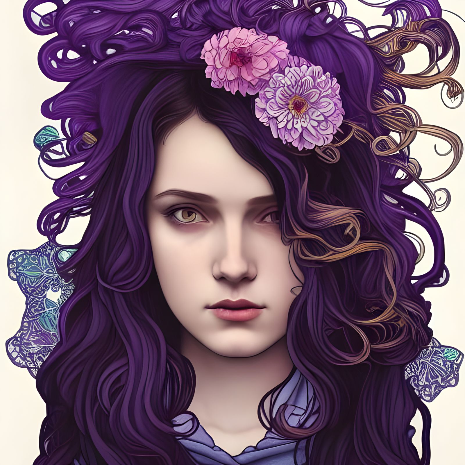 Grunge Girl with Dahlia Crown: Digital Art