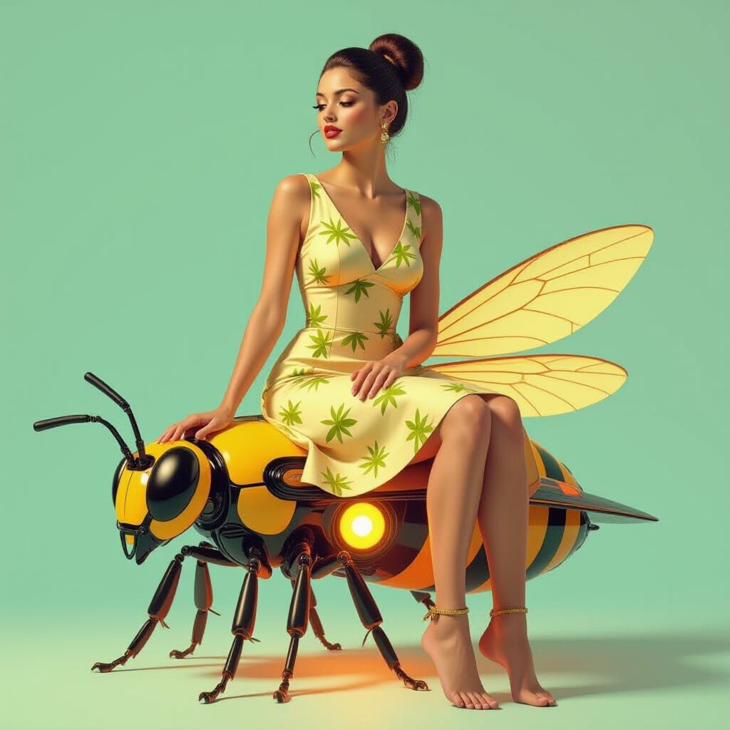 Mango Robot with Woman's Face on Firefly Bee