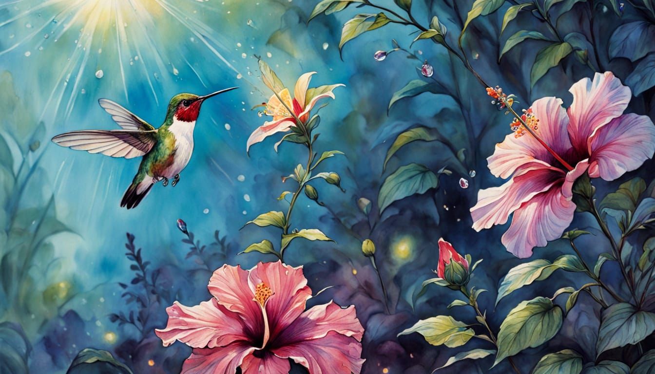 Hummingbird and Hibiscus in Storybook Style