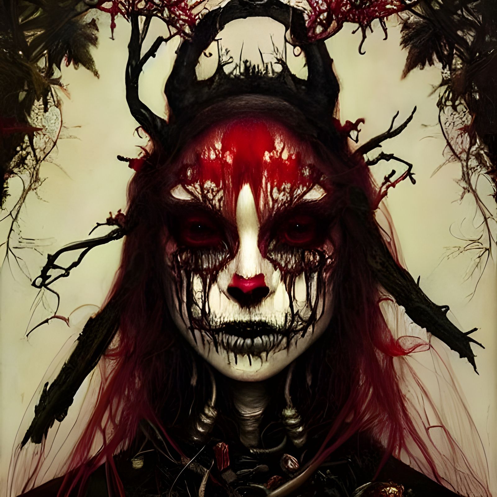 Skeletal Red Riding Hood and Wolf in Decaying Forest