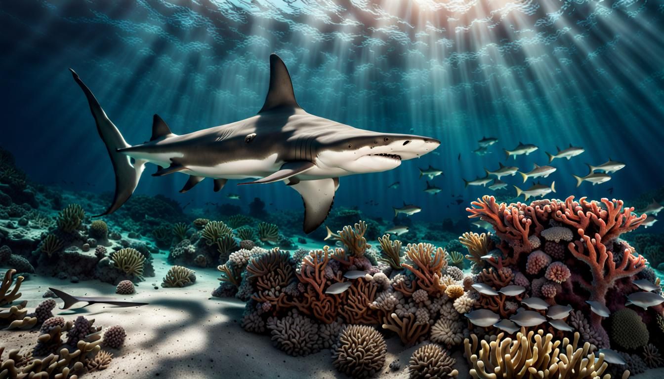 Hammerhead Shark and Coral Reef in Hyperrealistic Style