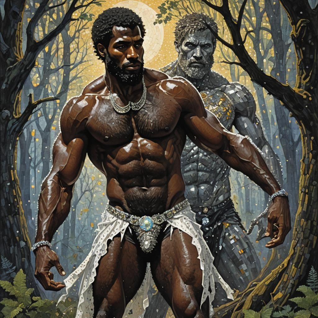 Shirtless Man in Forest, Pointillism Astral Illustration