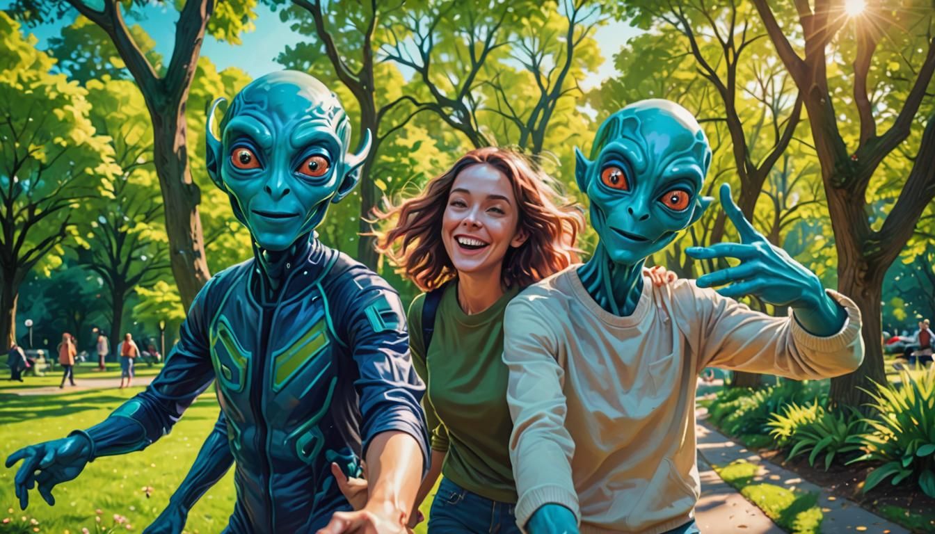 Couple's Selfie Interrupted by Alien, Digital Art