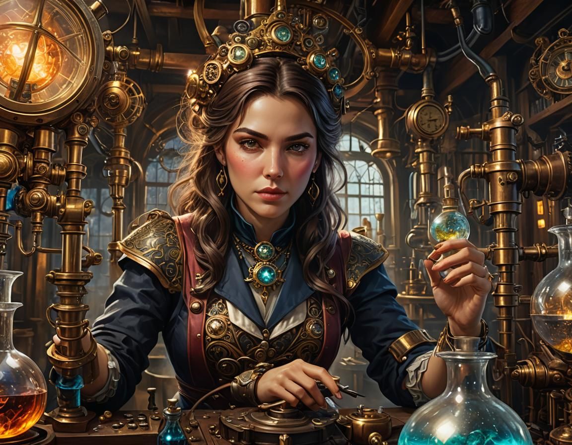 Alchemist Woman in Steampunk Lab: Digital Matte Painting