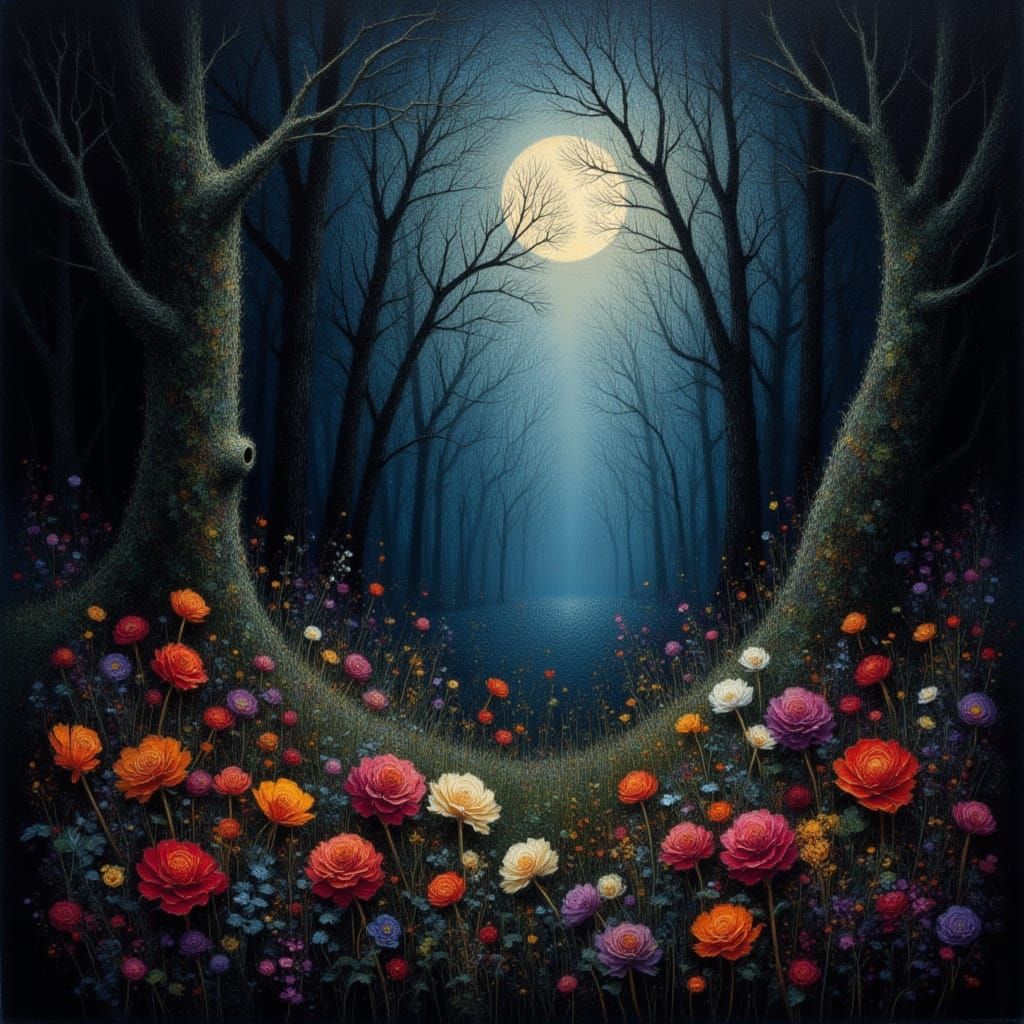 Haunted Forest at Night in Scratch Art Style