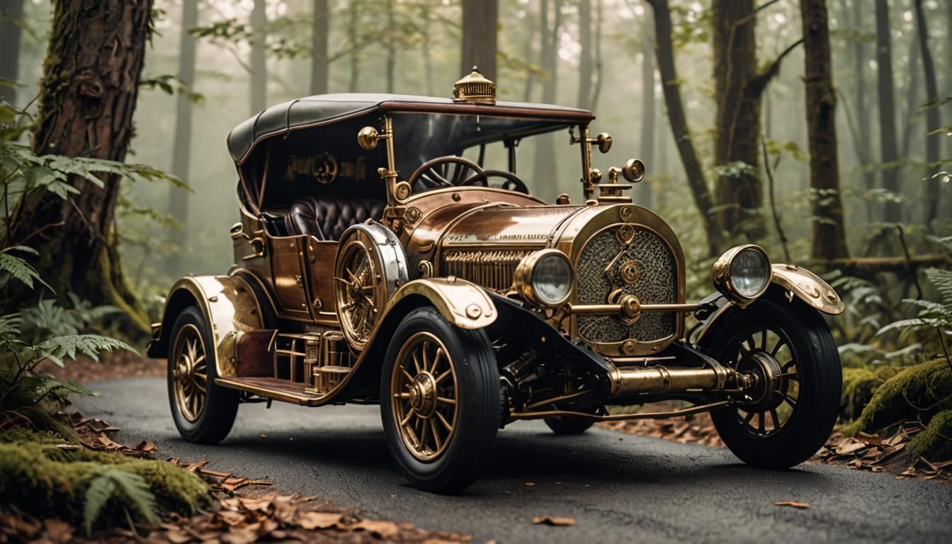 Steampunk Elven Race Car in Misty Forest