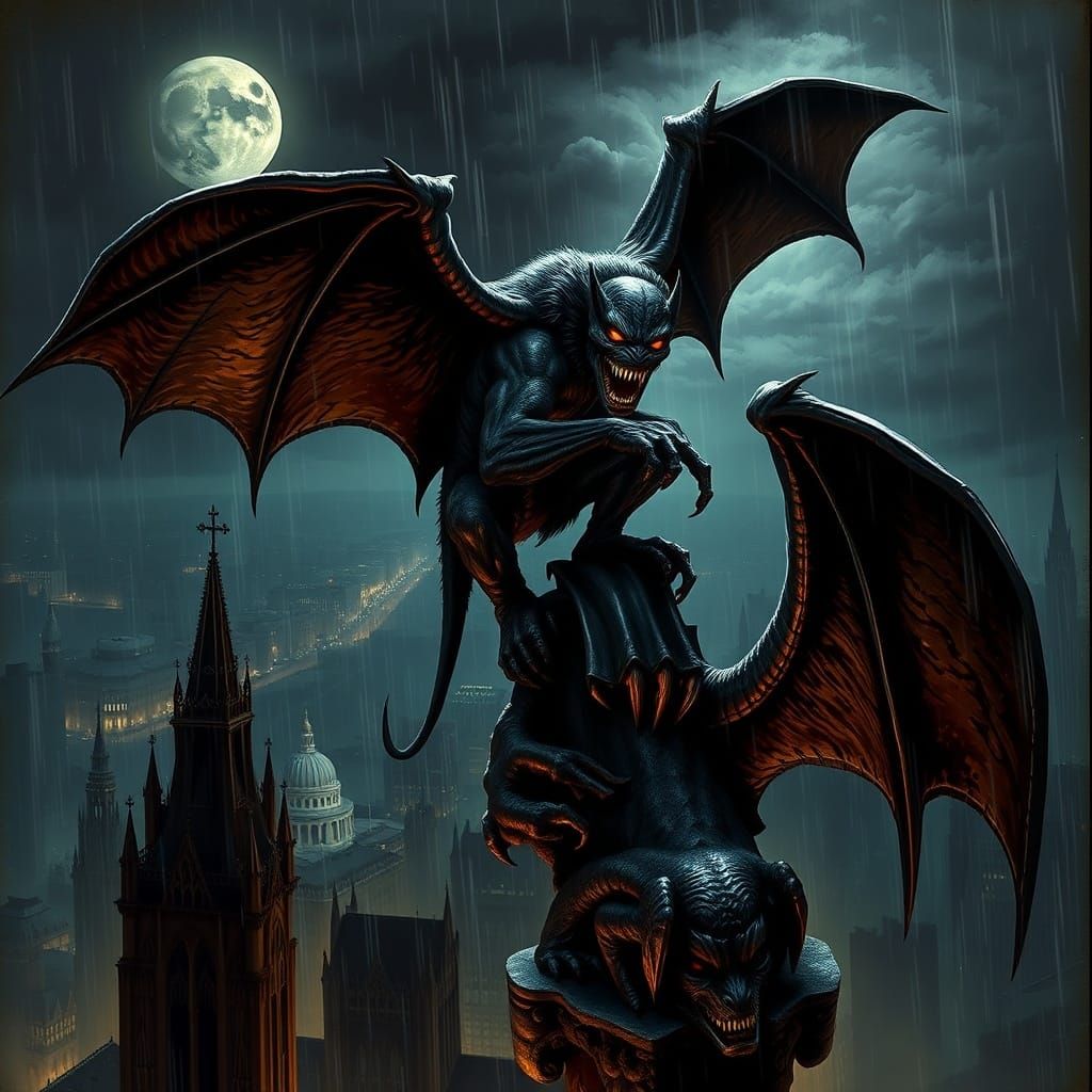 Terrifying Man-Bat Perched on Gargoyle