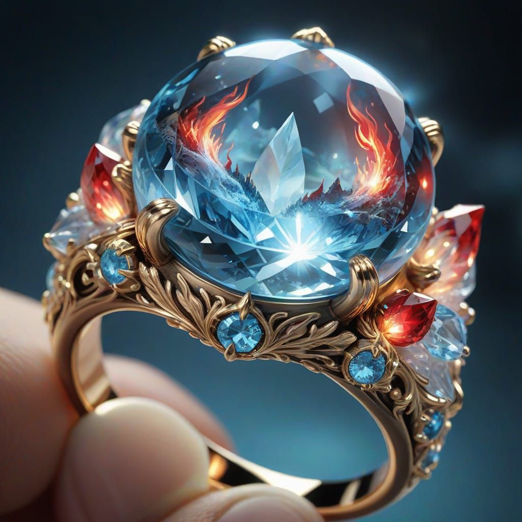 Crystal and Gemstone Ring with Fantasy Scene