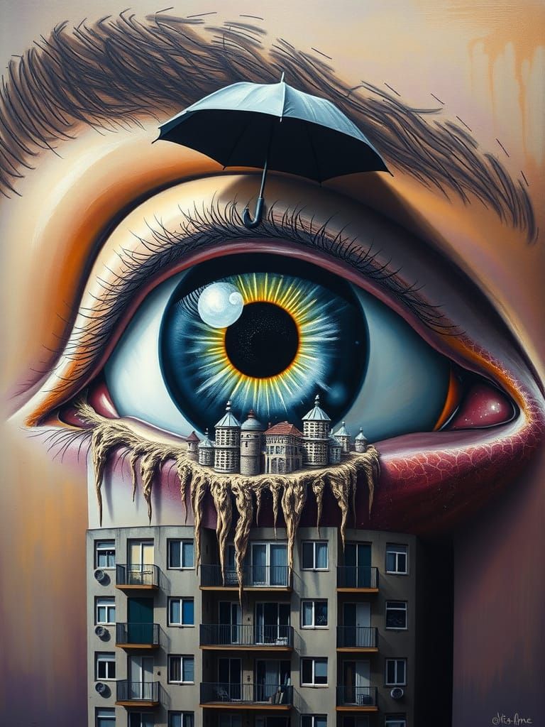 Surreal Eye Building Portal in Oil on Canvas
