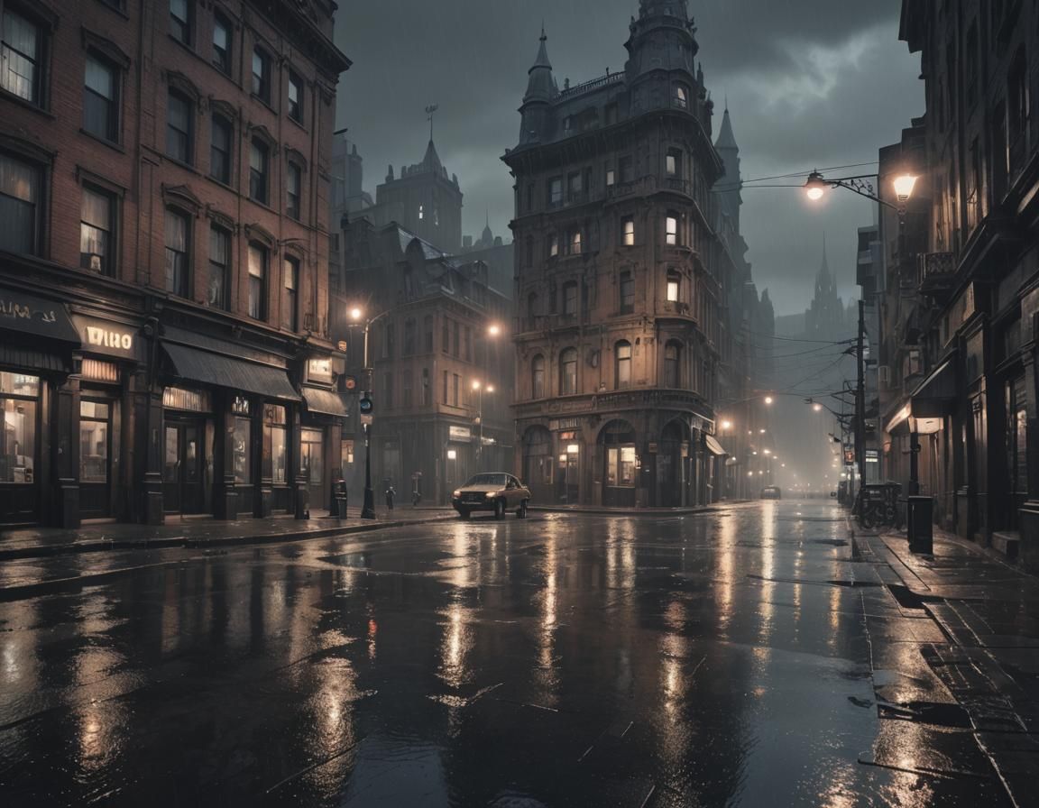 Gothic Cityscape at Overcast Night