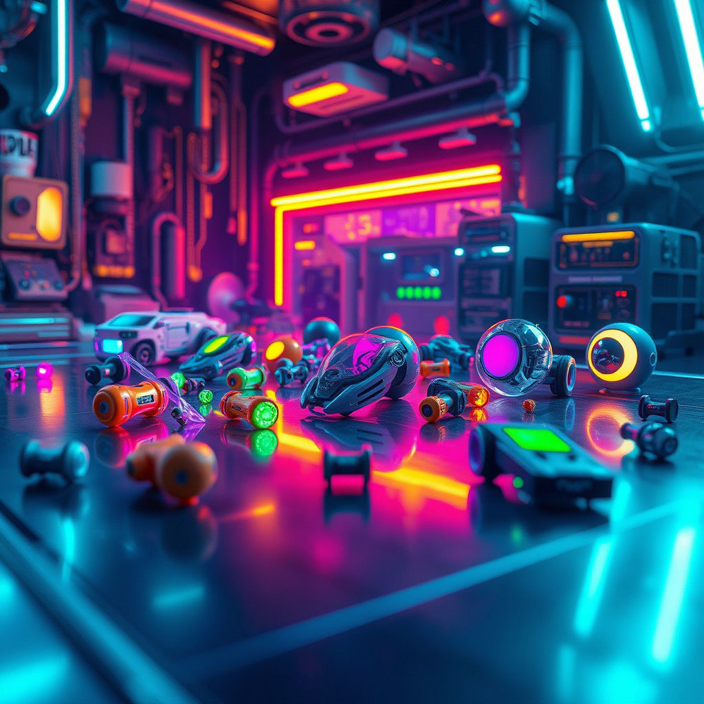 Luminescent Futuristic Toys in High-Tech Lab