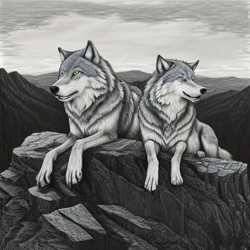 Two gray wolves perched on a bluff, ink drawing scratchboard art with giclee, Sally Maxwell