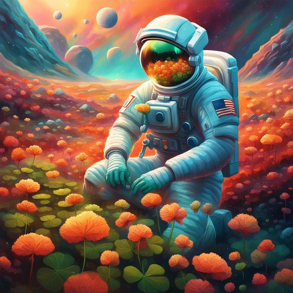 Astronaut Finds Lucky Clover: Alien Oil Painting