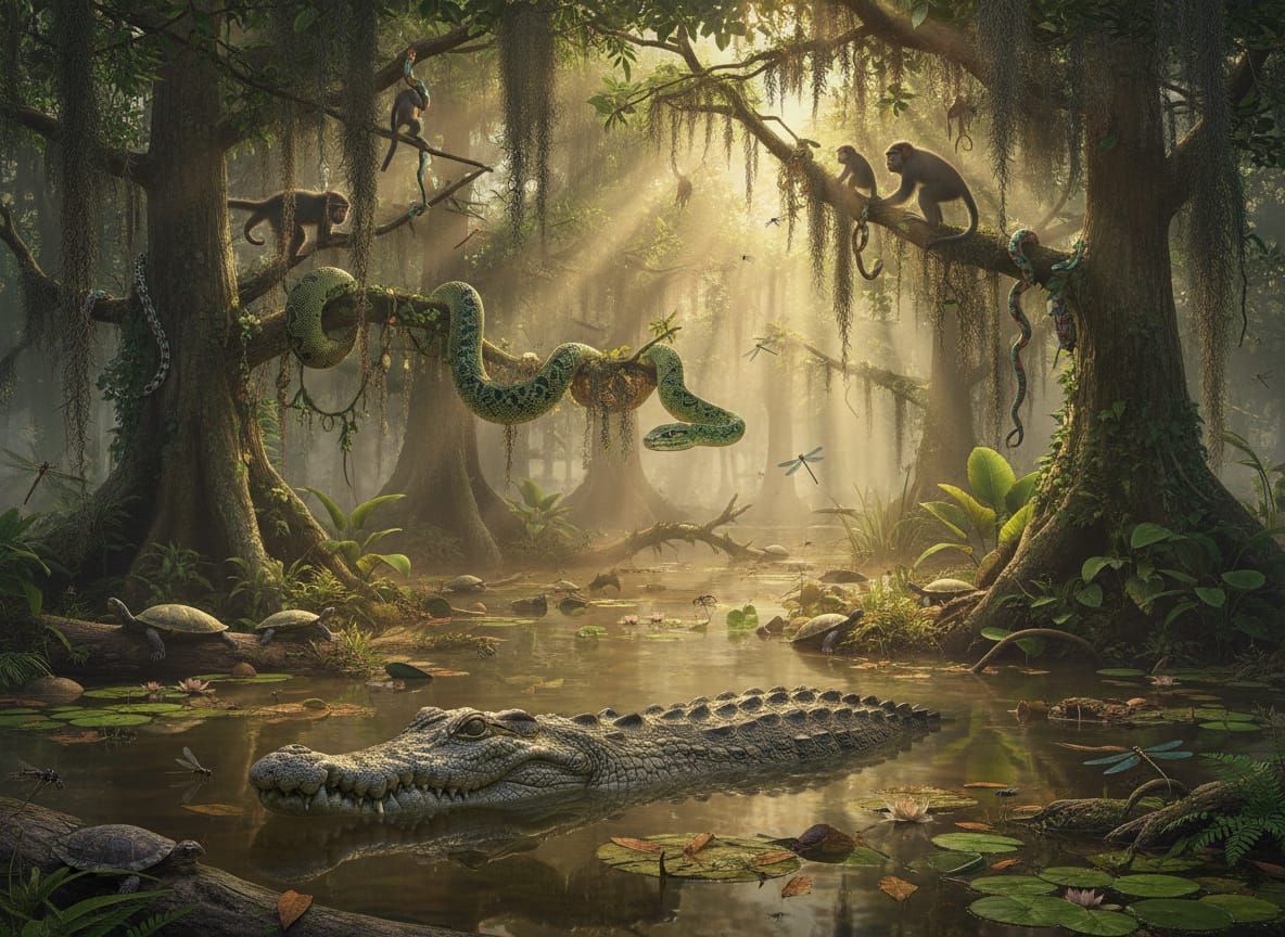 Lush Bog Swamp Teeming with Wildlife at Dawn