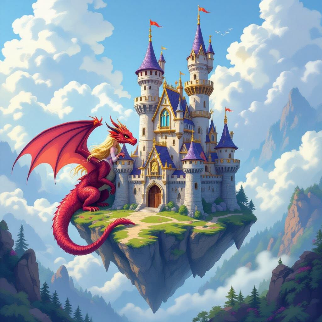 Fantasy Castle in the Sky with Dragon