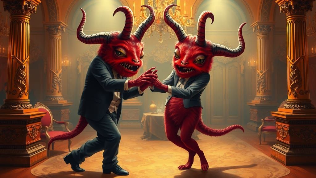 Monsters Tango in Golden Ballroom, Digital Art