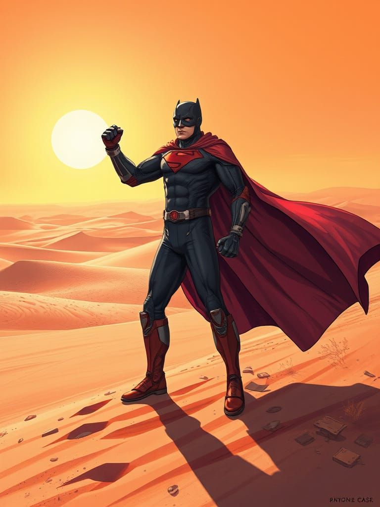 Heroic Figure in Futuristic Desert Landscape