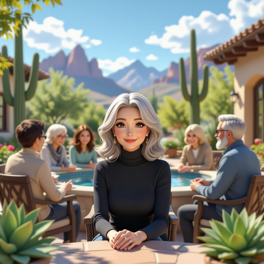 Elegant 60-Year-Old Woman in Southwestern Courtyard, 3D Anim...