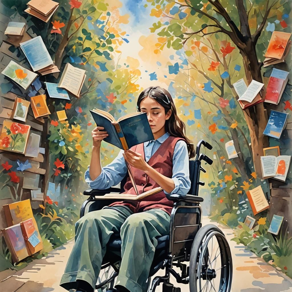 Girl in Wheelchair Holds Book: Gouache Style Masterpiece