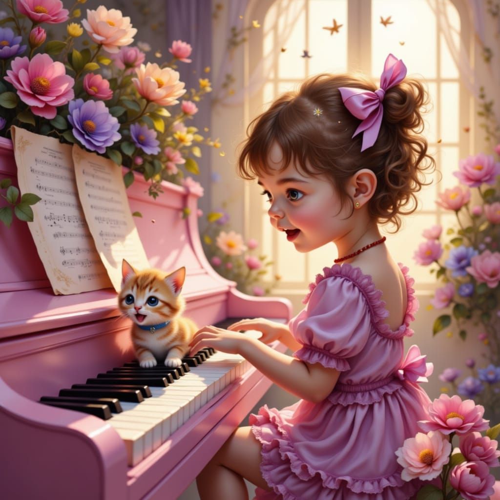 Toddler Plays Piano With Singing Kitten in Ethereal Fantasy ...
