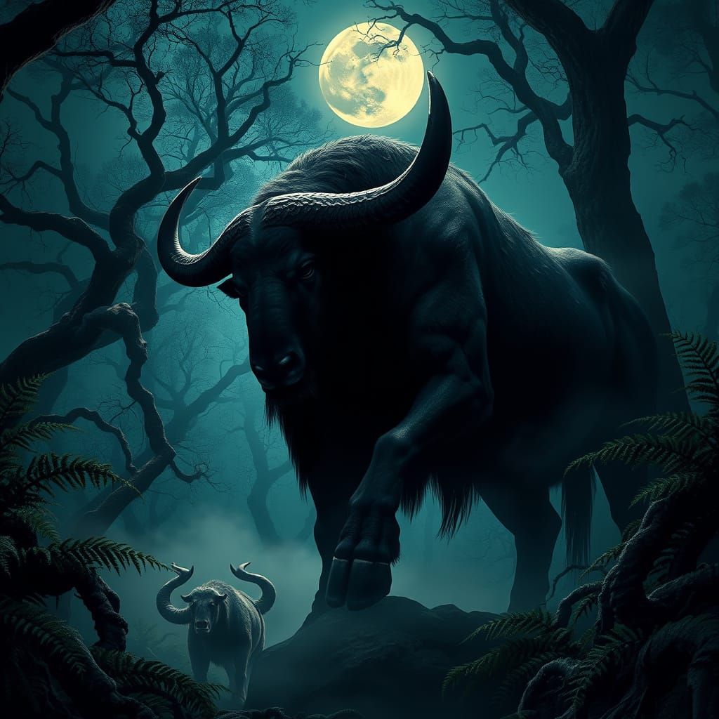 Majestic Minotaur Under Black Moonlit Greek Forest