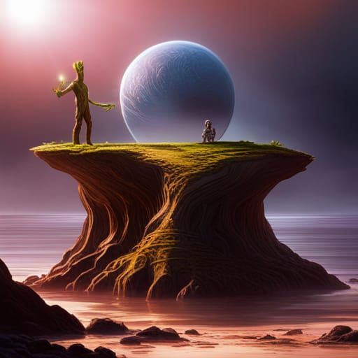 Groot on Island Holding Planet: Detailed Matte Painting