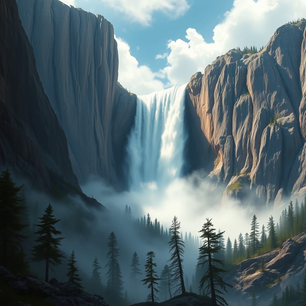 Majestic Waterfall Between Granite Monoliths