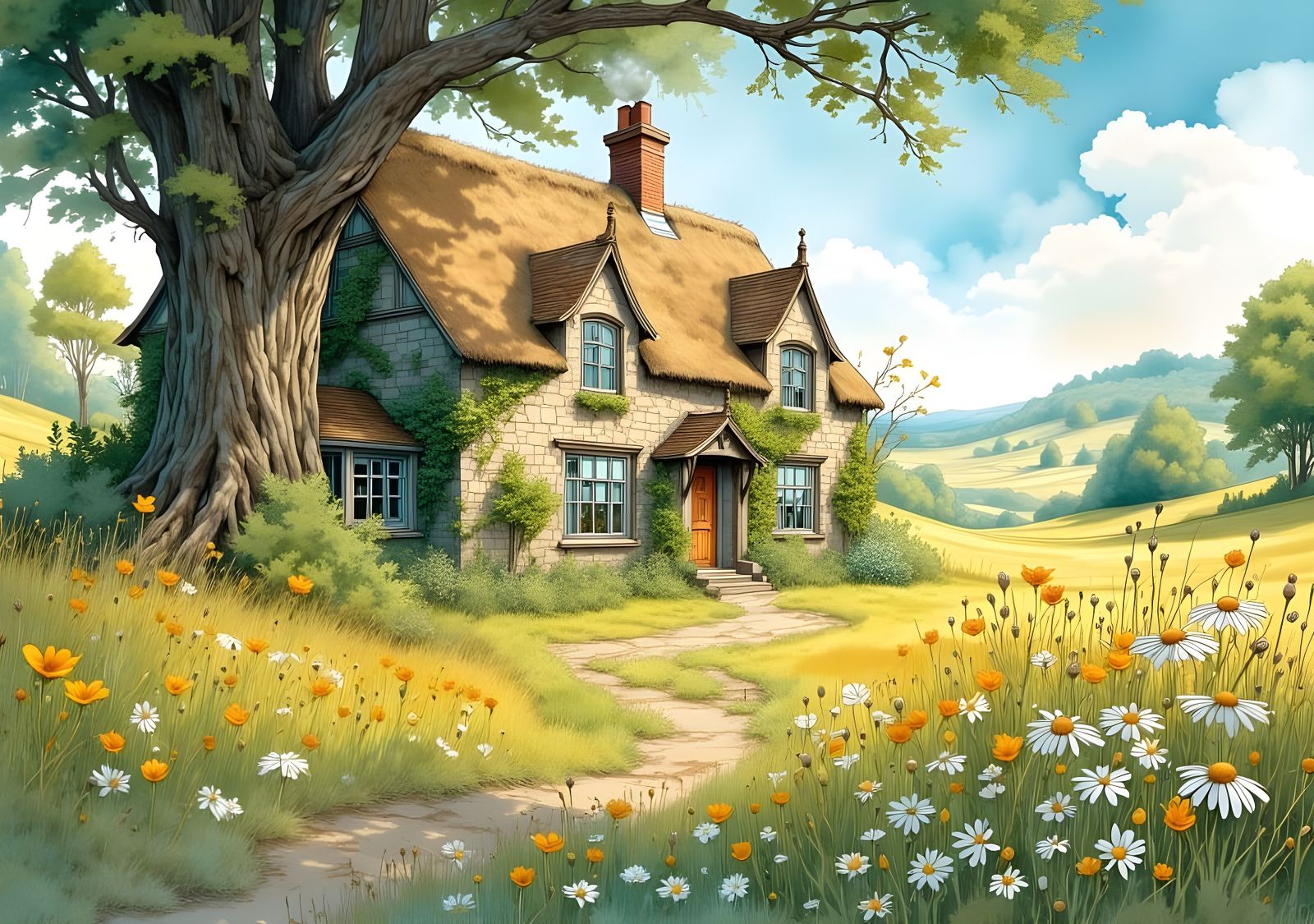 English Cottage in Parkland, Watercolour Art