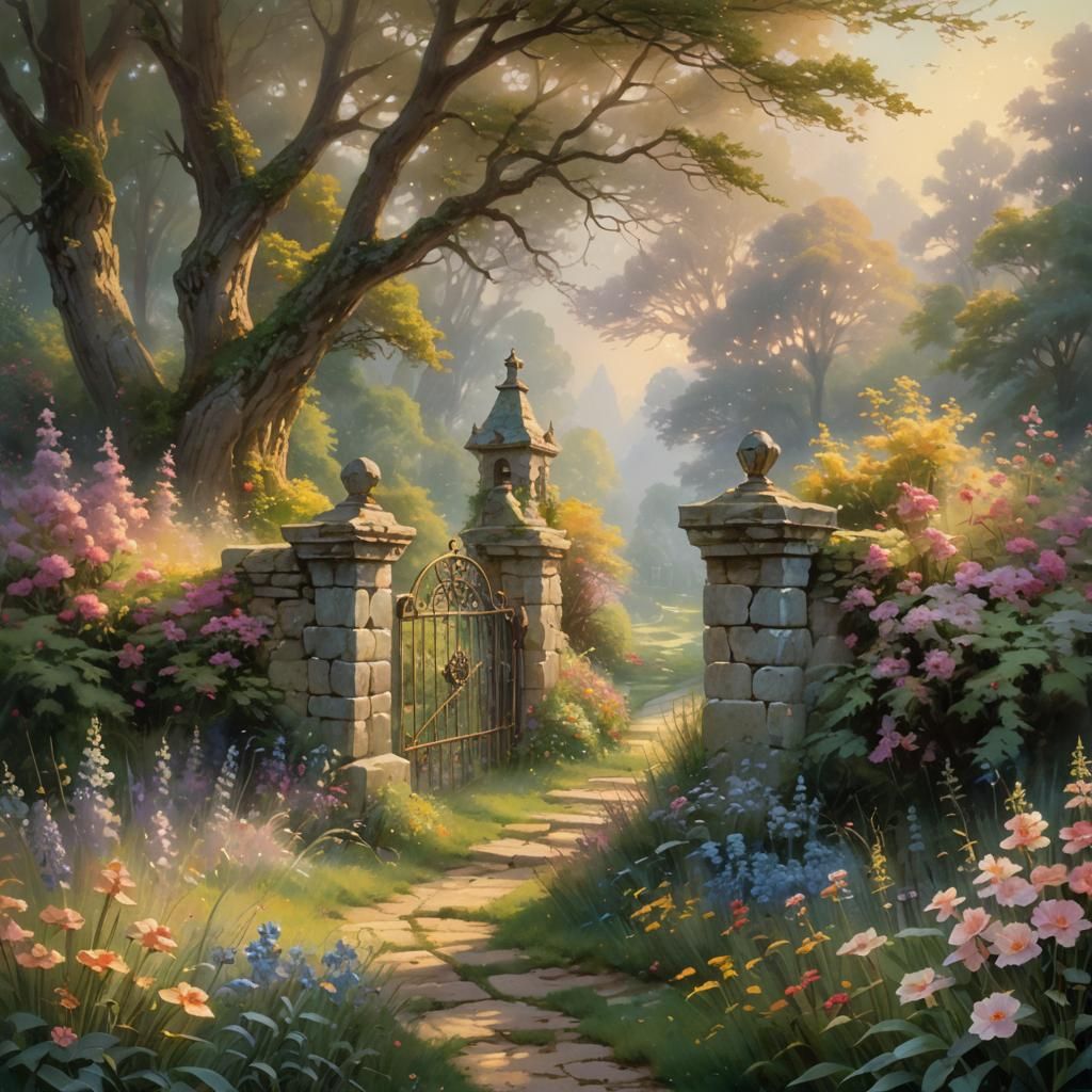 Ethereal Stone Gate in Lush Fantasy Landscape