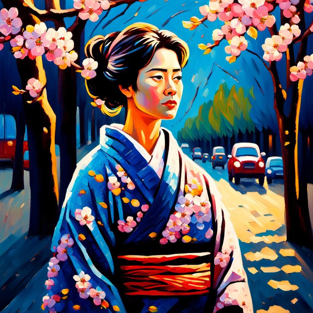 Woman in Kimono Under Cherry Blossoms: Impressionist Oil Pai...